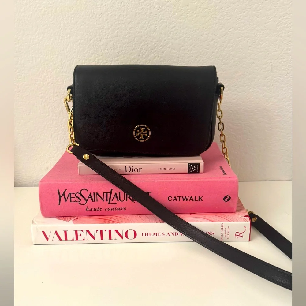 Tory Burch Robinson Black and Gold Chain Mini Saffiano Leather CrossBody Bag - Picture 2 of 14